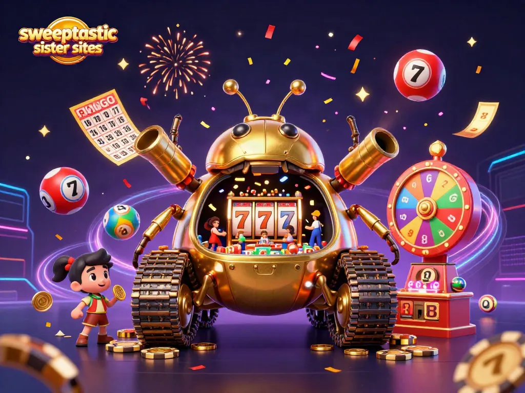 Sweeptastic sister sites showcased in a vibrant 3D casino scene filled with celebratory elements.