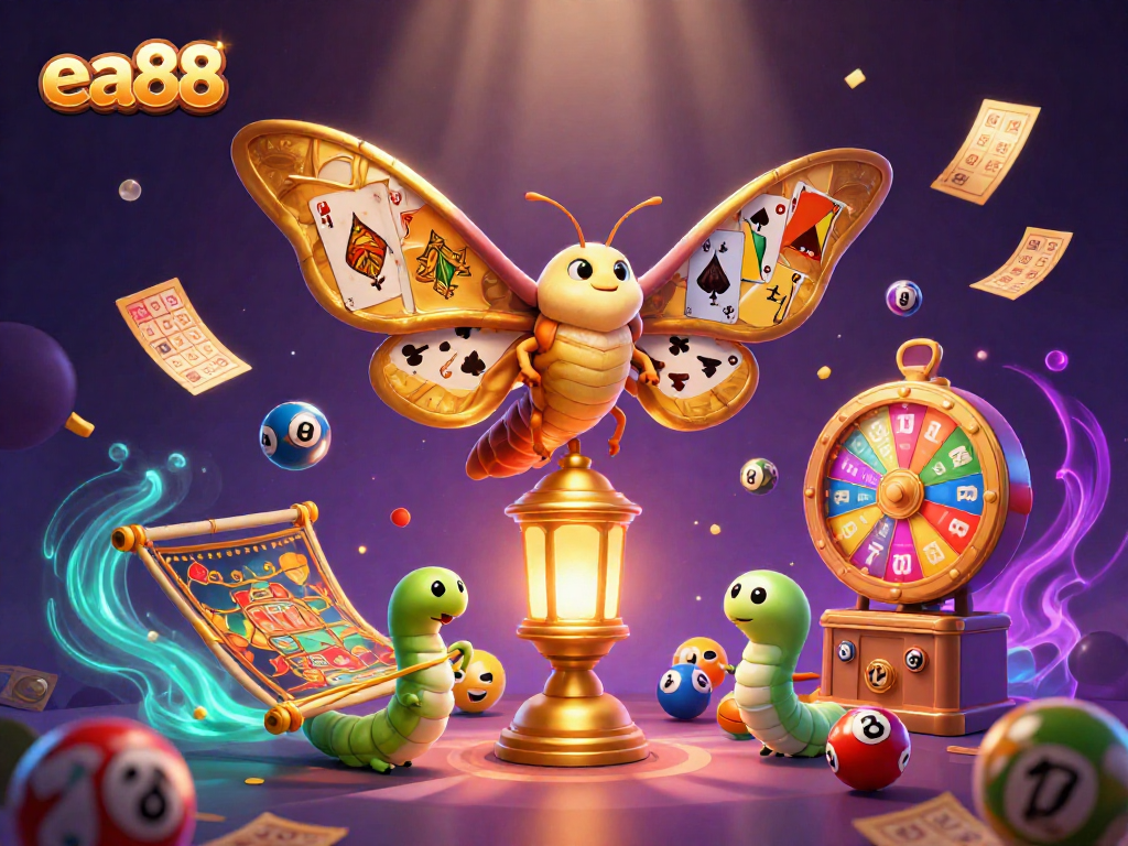 Experience the thrilling world of ea88 with lively lottery balls, golden tickets, and cartoon moths.