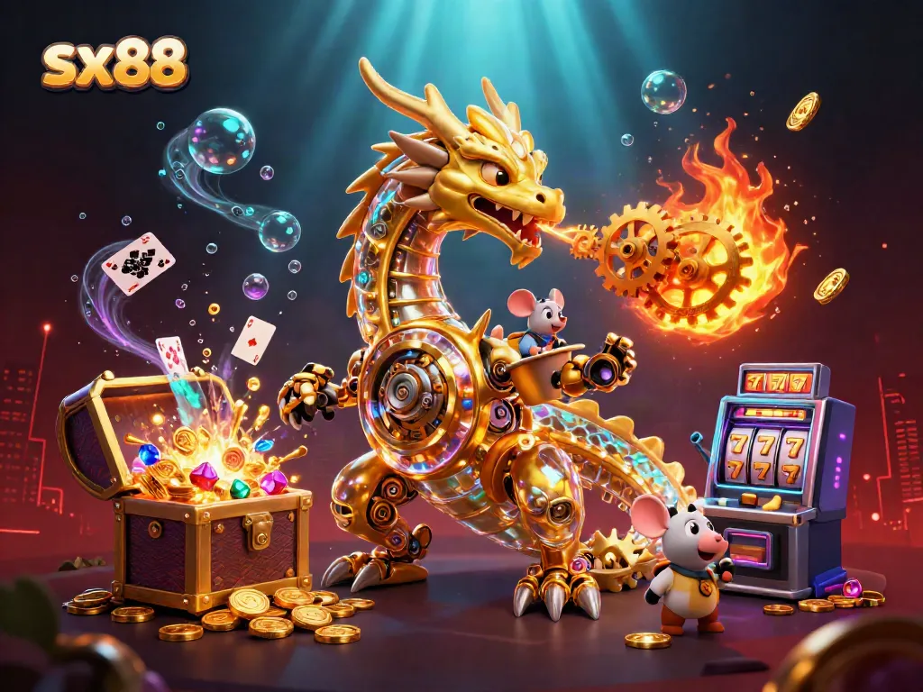 Win big with sx88: 3D rendering of golden dragon breathing gears, surrounded by slot machines and treasures.
