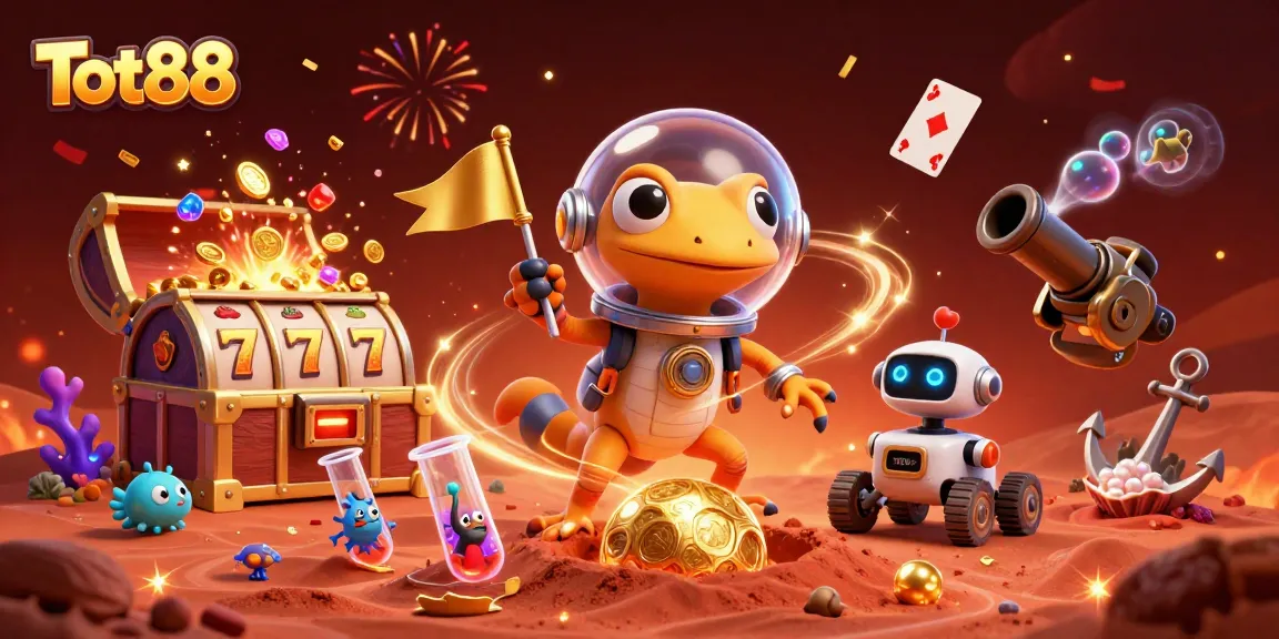 Experience the excitement of Tot88 as a Martian gecko discovers a golden casino with vibrant animated elements.