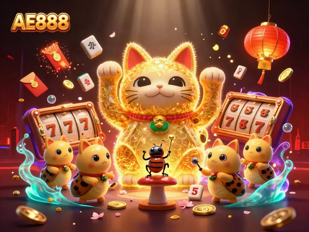 Enjoy dynamic action with AE888's lucky cat amidst vibrant casino symbols and elements.