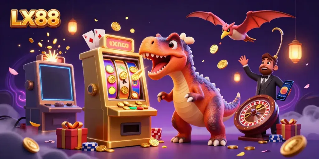 Experience excitement at LX88 with a lively illustration of a dinosaur-themed jackpot win.