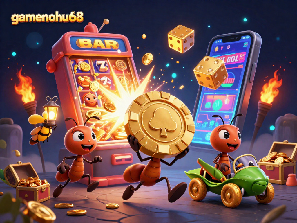 Experience thrilling gaming action with gamenohu68 in an ants' casino heist scene.