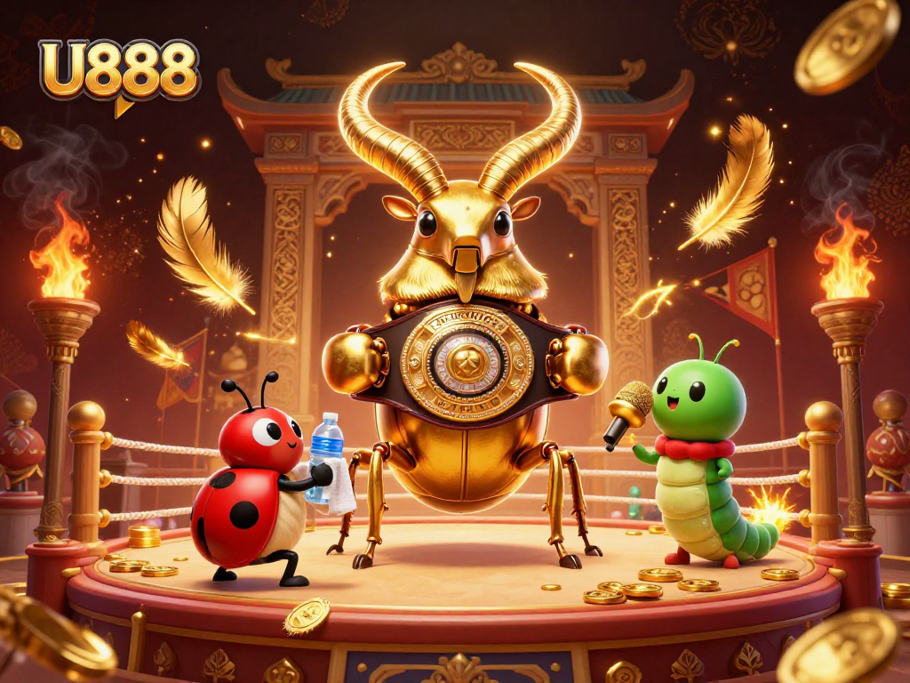 U888 engages in dynamic gameplay with a giant golden stag beetle champion in an arena