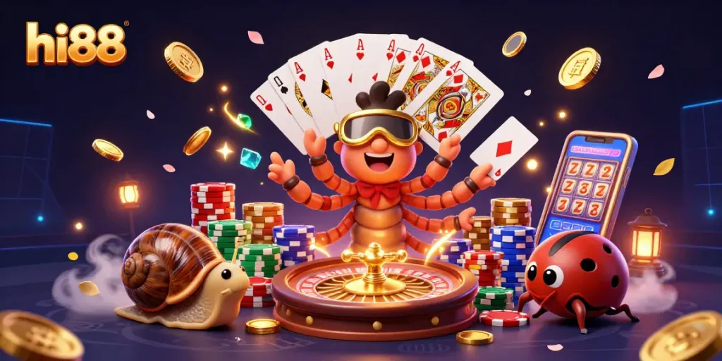 Play exciting games at hi88 with vibrant scenes of colorful casino elements and characters in action.