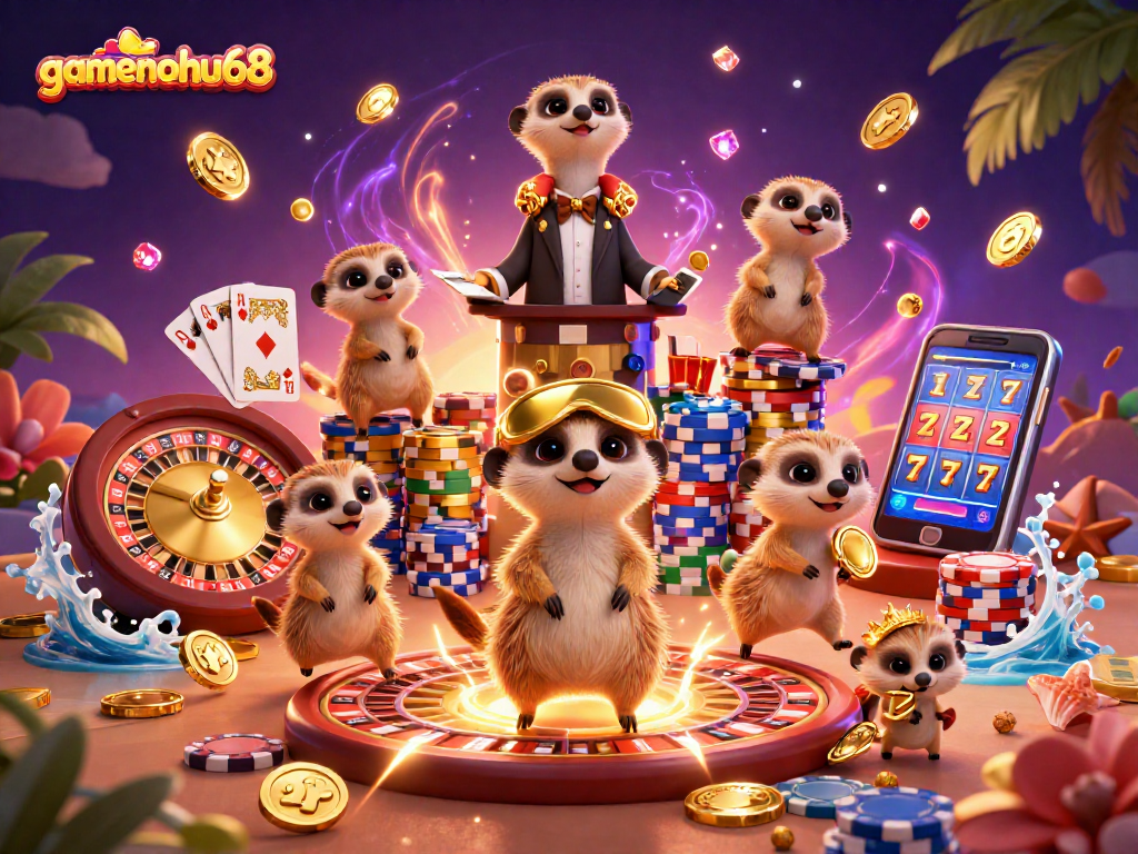 Join the fun at gamenohu68 with meerkats operating a bustling casino scene filled with action and excitement.