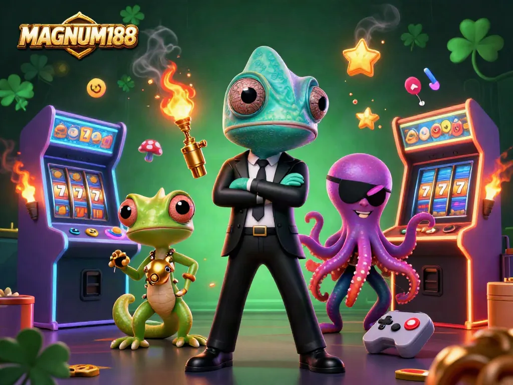 Experience thrilling slots at MAGNUM188 with exciting characters in a vibrant casino scene.