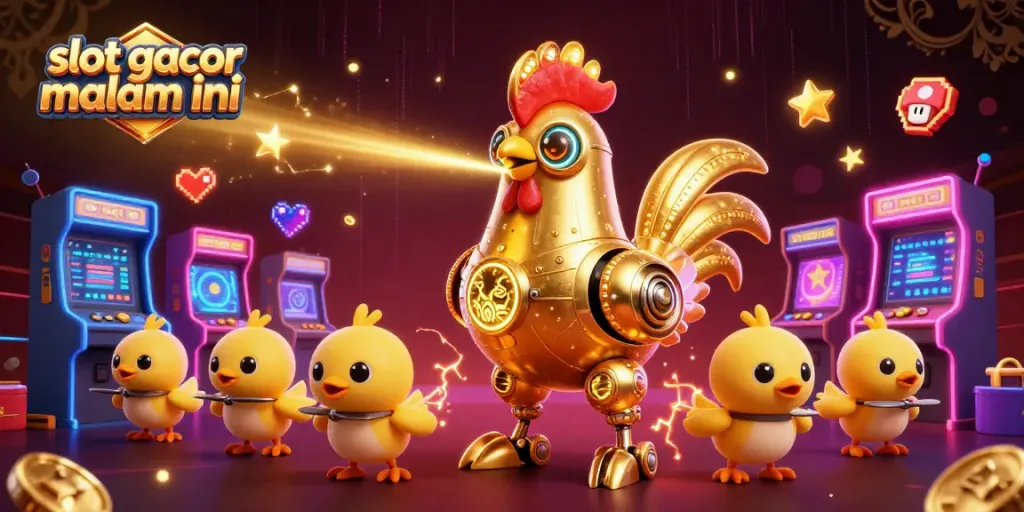 Temukan slot gacor malam ini dengan robot ayam emas futuristik dan permainan arcade yang menarik.