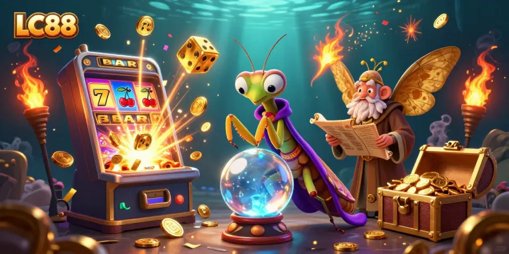 LC88 players enjoy a thrilling jackpot spectacle with vibrant casino elements and mystical characters.