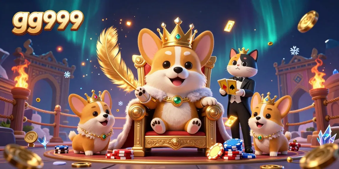 Permainan menarik gg999 dengan corgi kerajaan dan butler kucing, dipenuhi koin dan efek api.
