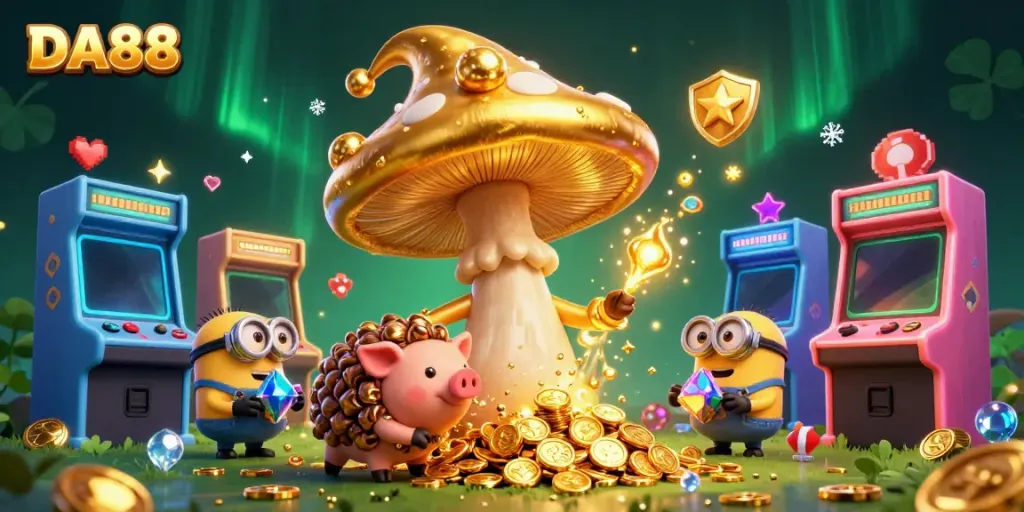 Experience the thrill of DA88 gaming with a magical mushroom wizard, colorful treasures, and glowing arcade machines.