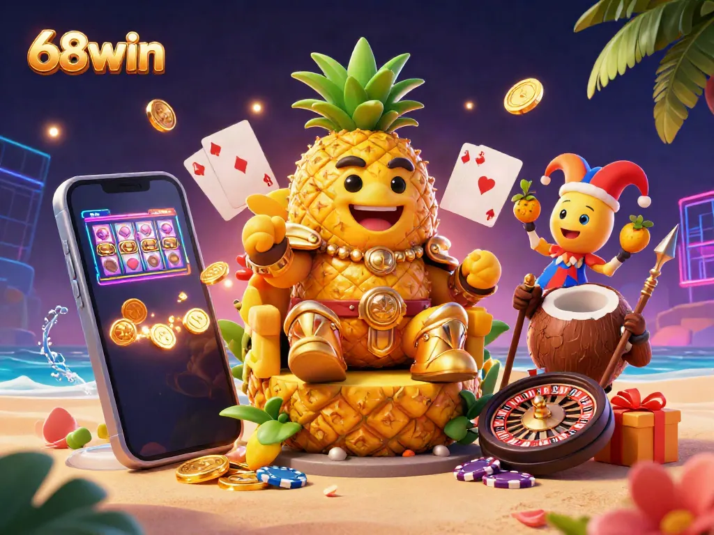 Engage with 68win's exciting arcade scene featuring a pineapple king, vibrant slot games, and beach themes.