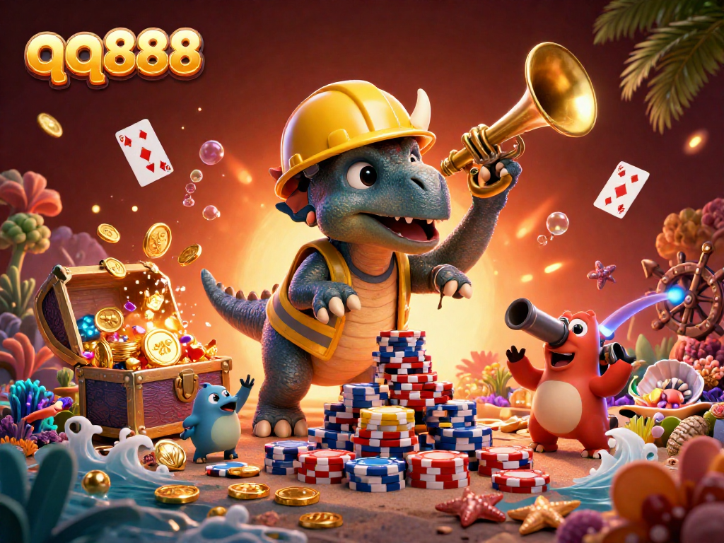 Experience the thrill of gaming with qq888 in a vibrant, dynamic casino scene featuring unique characters and elements.