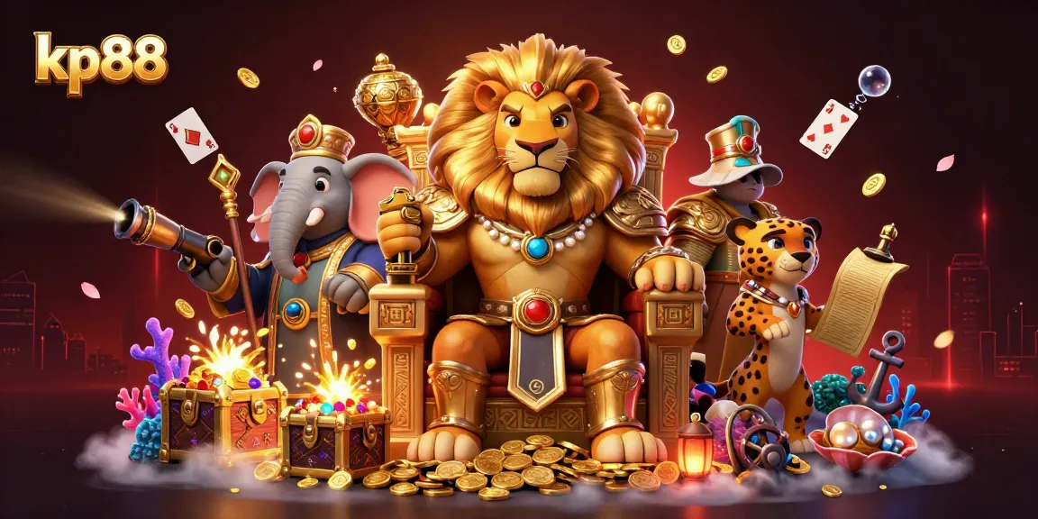 Experience the thrilling world of kp88 with a vibrant 3D digital scene of a lion king, elephant advisor, and cheetah messenger surrounded by casino-themed elements.
