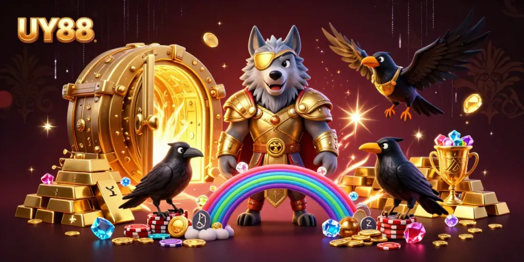Experience thrilling gameplay at UY88 with a vibrant casino-themed 3D illustration