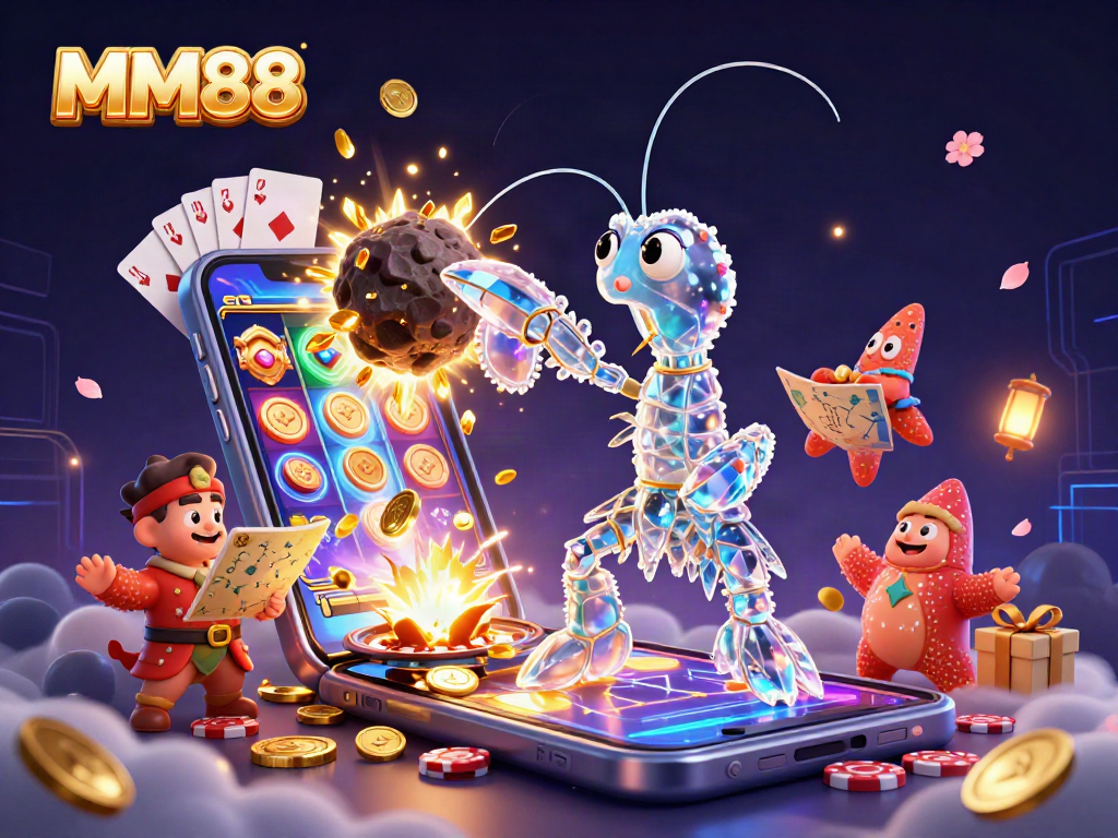 Engage with MM88 through vibrant 3D casino action featuring a mantis shrimp and golden gems.