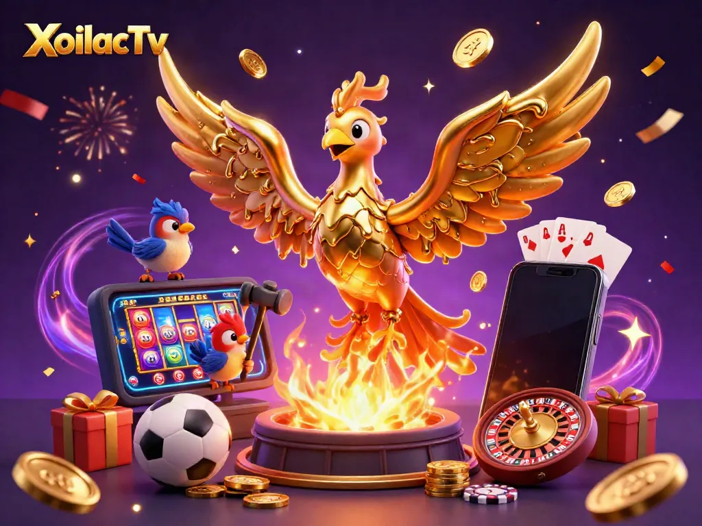 XoilacTv offers an exciting glimpse of sports betting with a golden phoenix and casino elements.