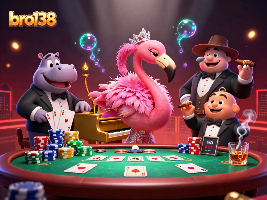 Experience the vibrant casino scene with bro138 featuring a flamingo singer, poker chips, and lively elements.
