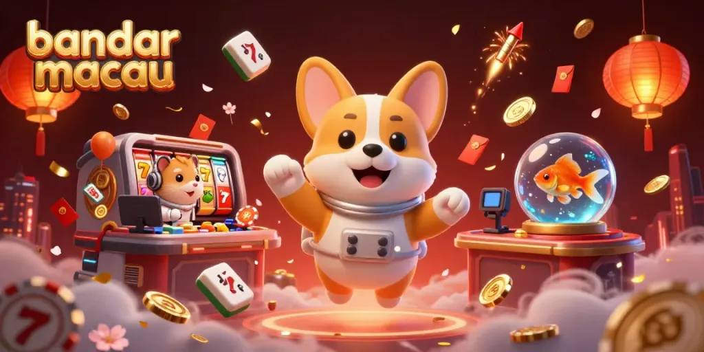 Mainkan bandar macau dengan simbol slot dan elemen kasino yang menyenangkan dalam ilustrasi 3D yang dinamis.