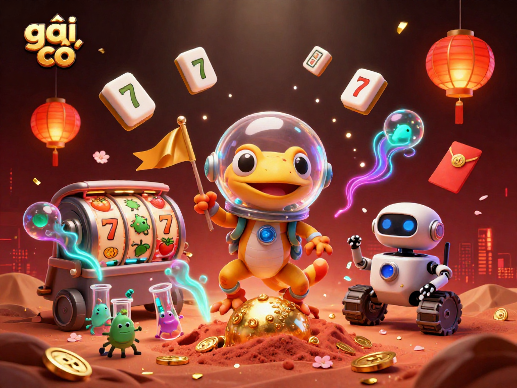 Engaging illustration of a 3D Martian gecko with casino elements, promoting gái gọi services.