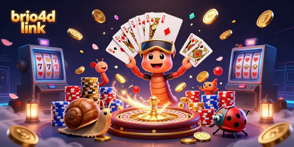 Experience the thrilling brio4d link with an exciting scene of a millipede dealer and high-roller snail amidst swirling casino elements.