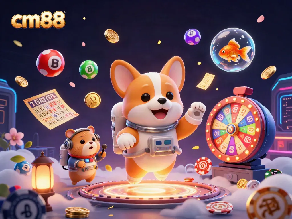 Experience the excitement at cm88 as the astronaut corgi navigates a casino in zero gravity, surrounded by vibrant games.
