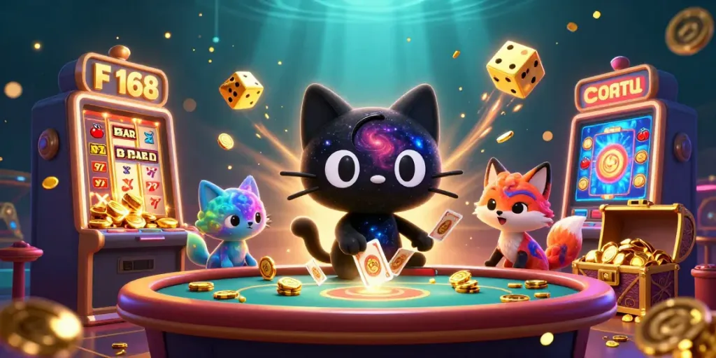 Experience F 168's enchanting universe with a glowing black hole cat and cosmic fox at a casino