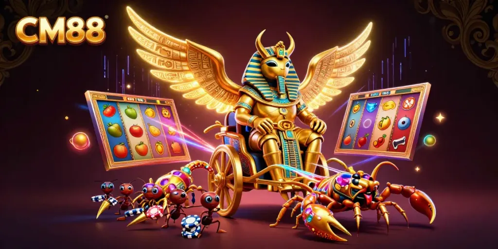 Experience excitement at CM88 with our immersive casino scene featuring vibrant slot reels and dynamic characters.