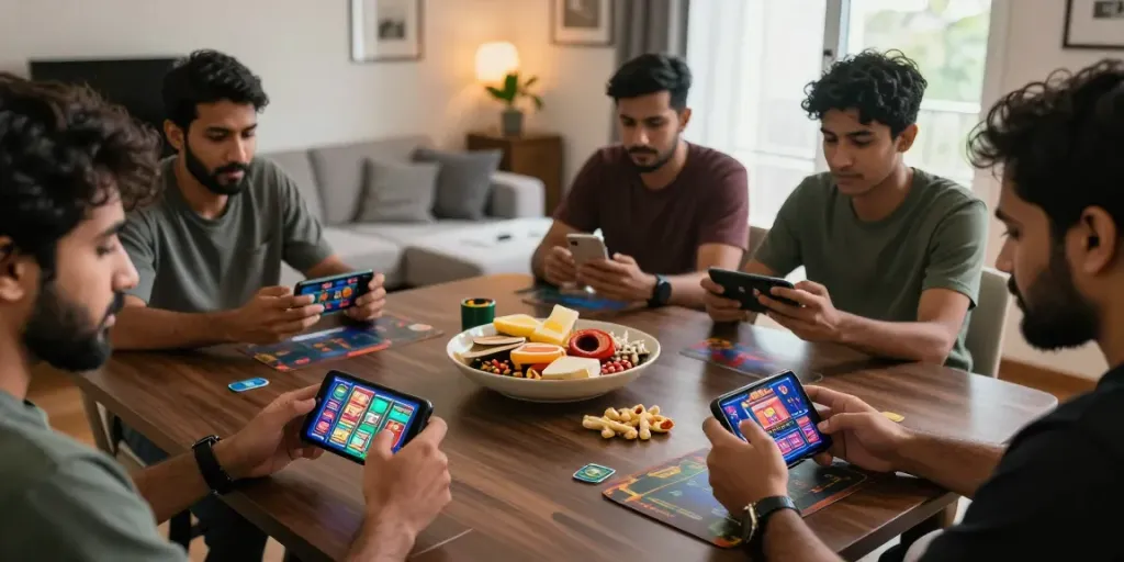 Players enjoying 3 Patti No1 games on mobile devices in a cozy home setting, showcasing vibrant graphics and an engaging atmosphere.