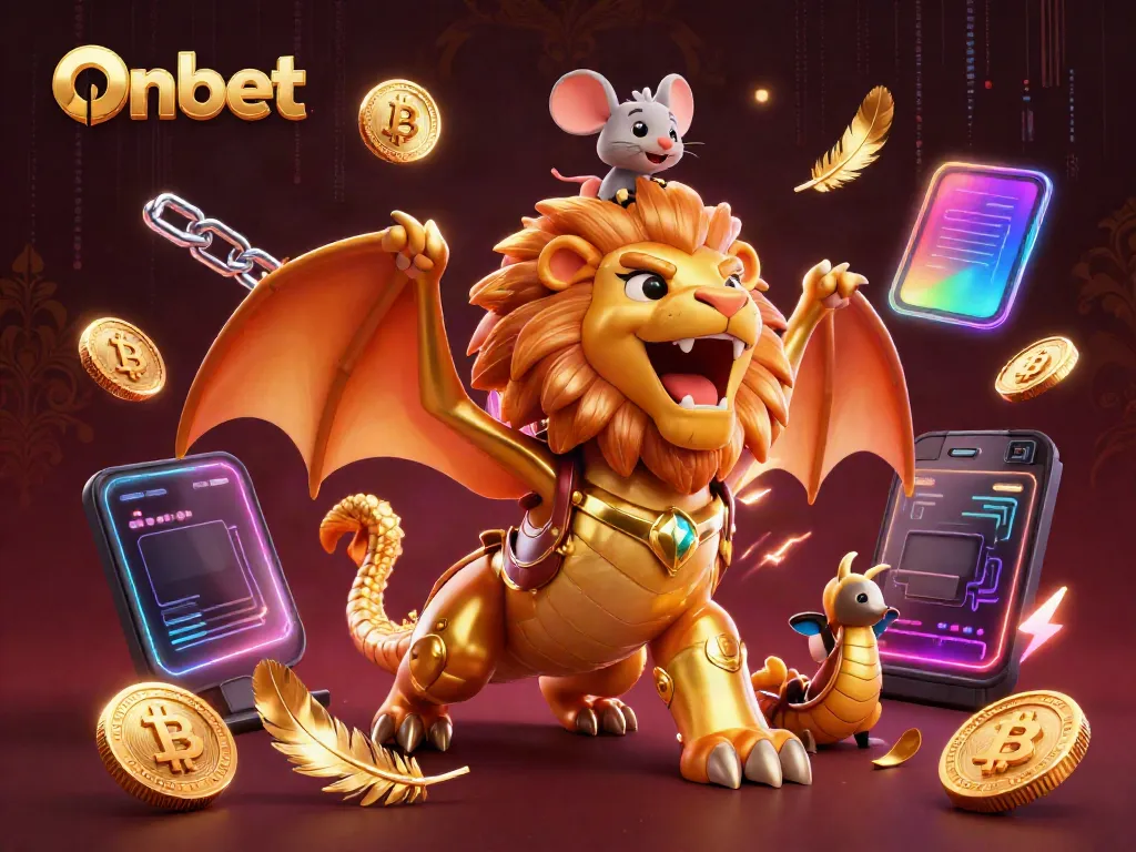 Engage in thrilling Onbet gaming adventures with an armored chimera creature and crypto symbols