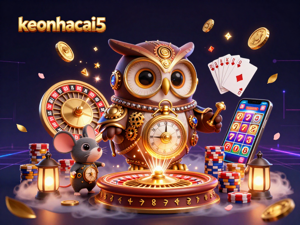 Engage in the vibrant world of keonhacai5 with a 3D casino illustration showcasing characters and gameplay elements.