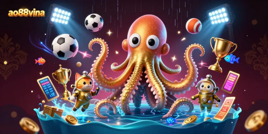 Bet on exciting games at ao88vina with an energetic scene of a kraken, diving cat, and sports elements.