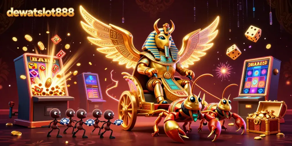 Gambarkan aksi permainan cerdas di dewataslot888 dengan scarab emas dan elemen kasino yang menawan.