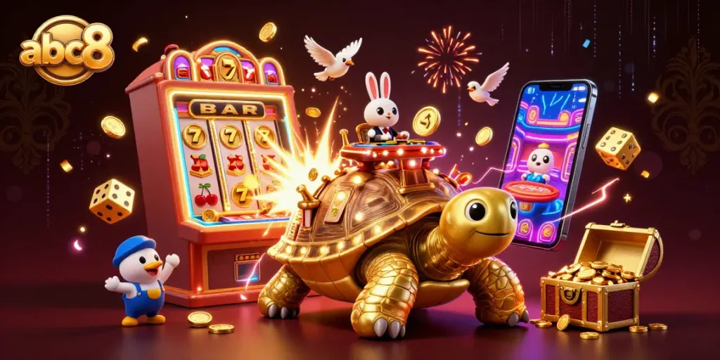 Engage with abc8's vibrant casino world featuring a golden tortoise and dynamic gaming elements.