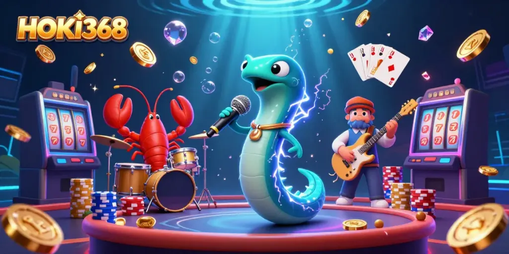Experience a vibrant underwater casino stage with HOKI368 featuring a DJ eel, lobster drummer, and grabbing colorful gems.