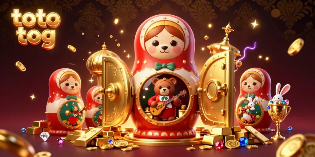 Experience the thrill of toto tog with this vibrant 3D casino illustration featuring a Russian Matryoshka bear and casino elements.