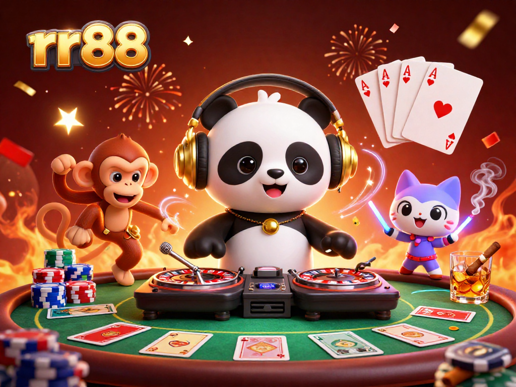 Spin the reels and stack poker chips at rr88, featuring a DJ panda, a dancing monkey, and a rave kitten.