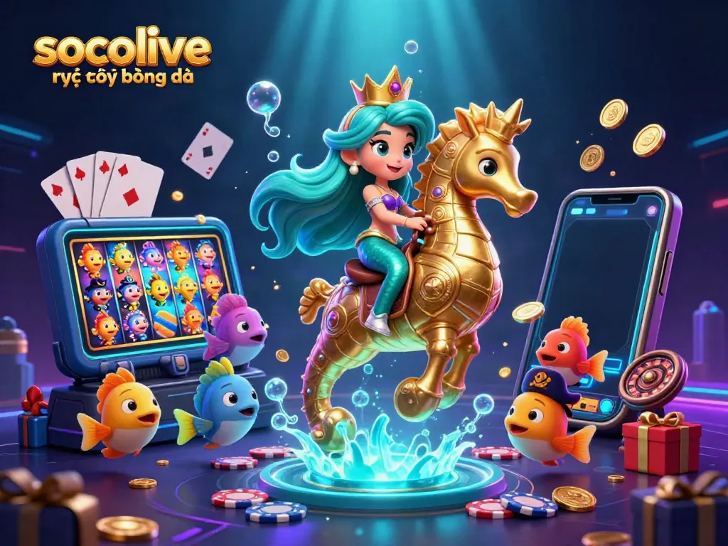 Experience socolive trực tiếp bóng đá with a vibrant 3D scene featuring a mermaid queen amid dynamic casino elements.
