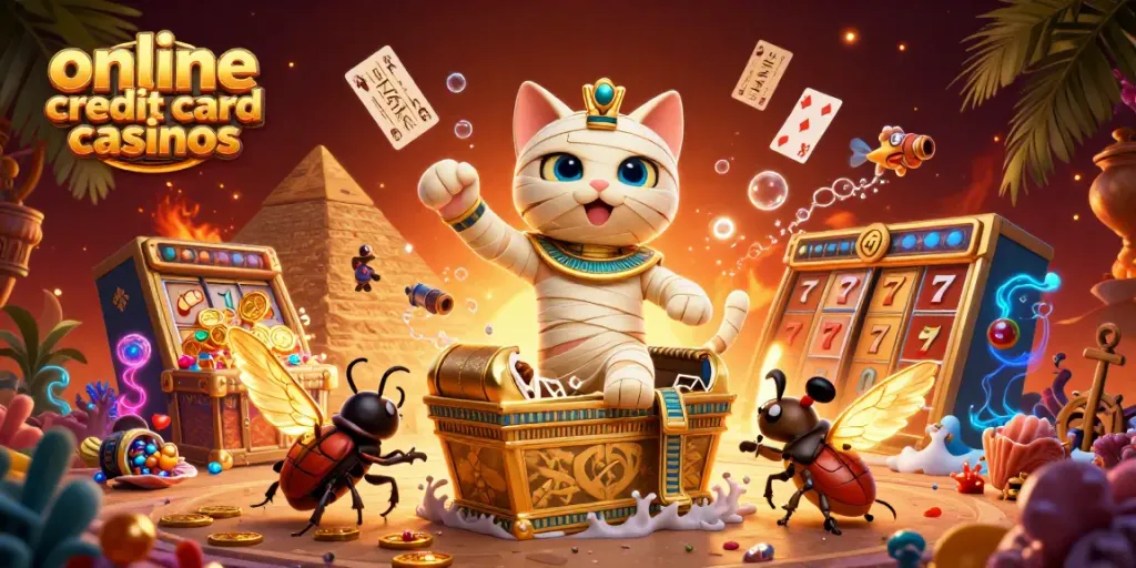 Engage in online credit card casinos with a dynamic scene featuring mummy cat, scarab beetle, and slot elements.
