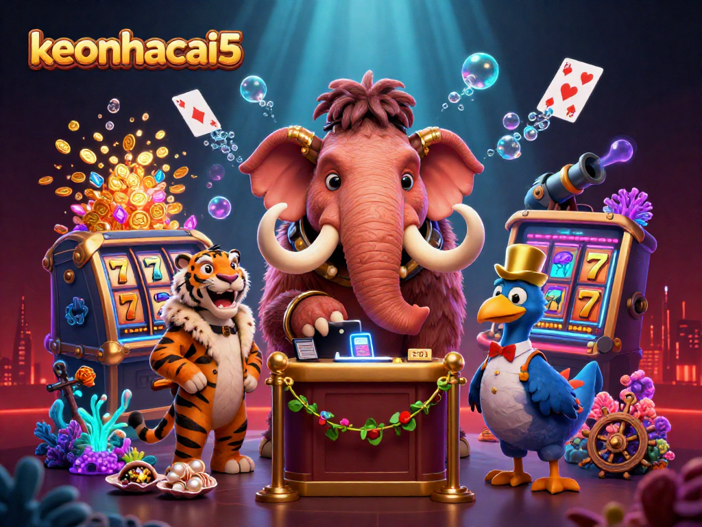 Witness a vibrant scene with keonhacai5 at the casino featuring unique 3D characters and dynamic game elements.
