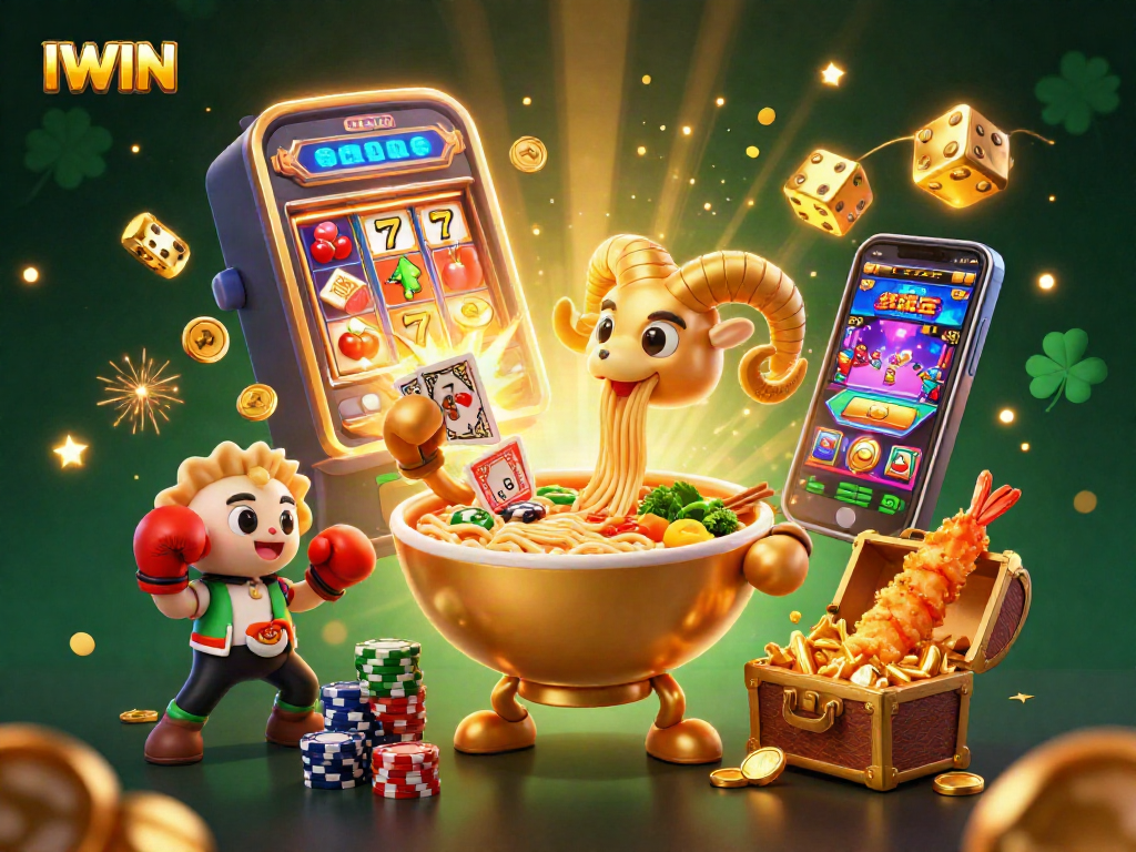 IWIN themed 3D illustration with vibrant casino elements and animated characters showcasing excitement in gambling