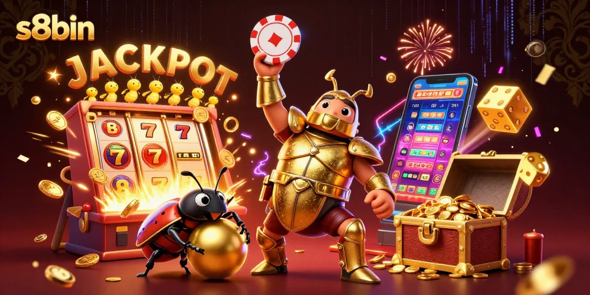S8bin showcases a victorious cartoon beetle in casino ambiance, embodying winning excitement.
