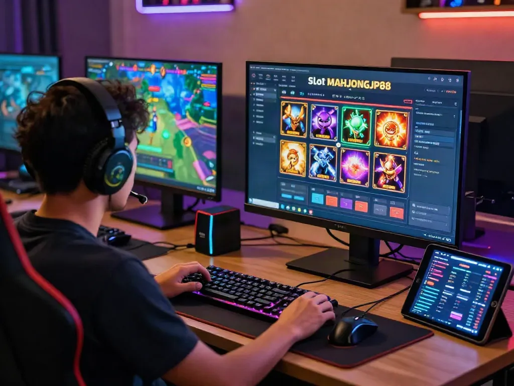 Exciting gaming atmosphere with Slot MAHJONGJP88 interface on monitor and engaging player.