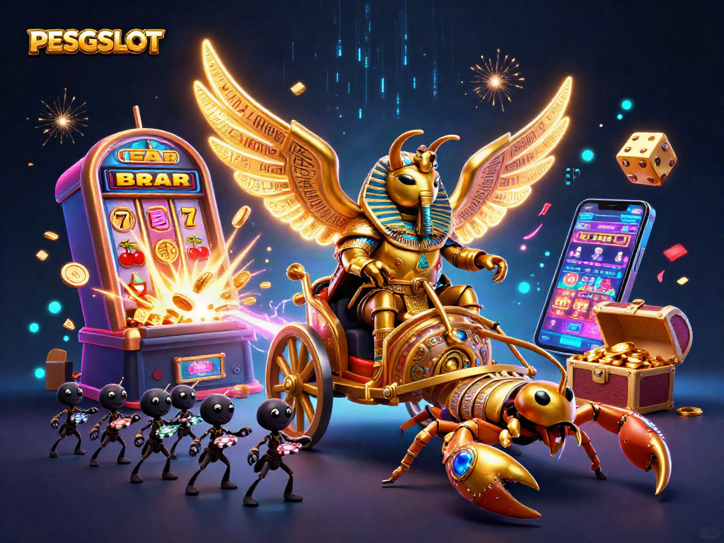 Experience thrilling PESGSLOT action with a dynamic illustration of a colossal scarab and casino elements.