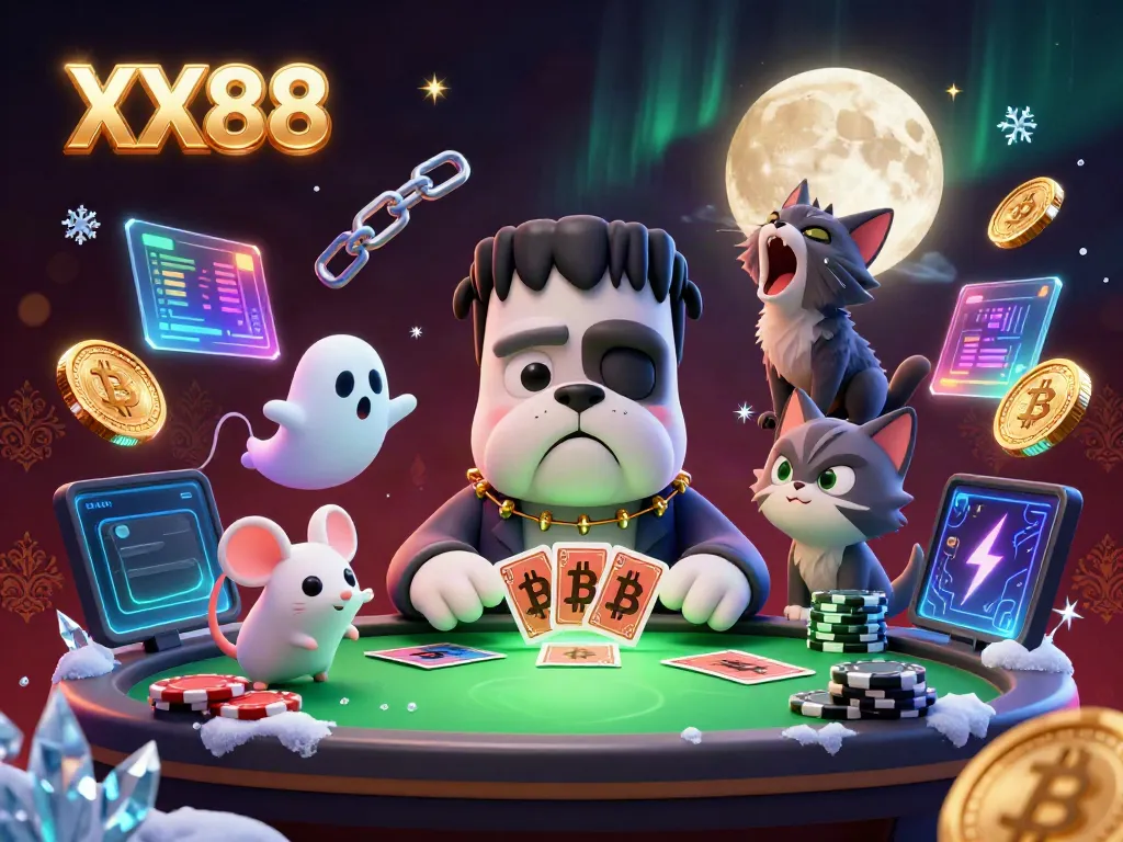 Engage with exciting card games at XX88, where a 3D Bulldog monster and ghost mouse deal cards amidst neon crypto coins.