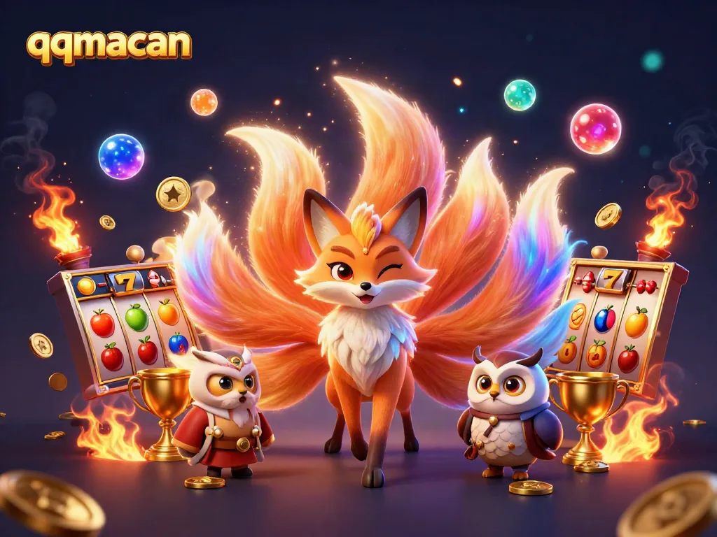 Experience thrilling slots action with qqmacan's enchanting 3D fox spirit and vibrant casino elements