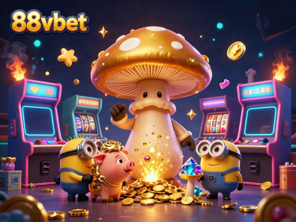 Experience the magic of 88vbet with a golden mushroom wizard in a vibrant casino setting.