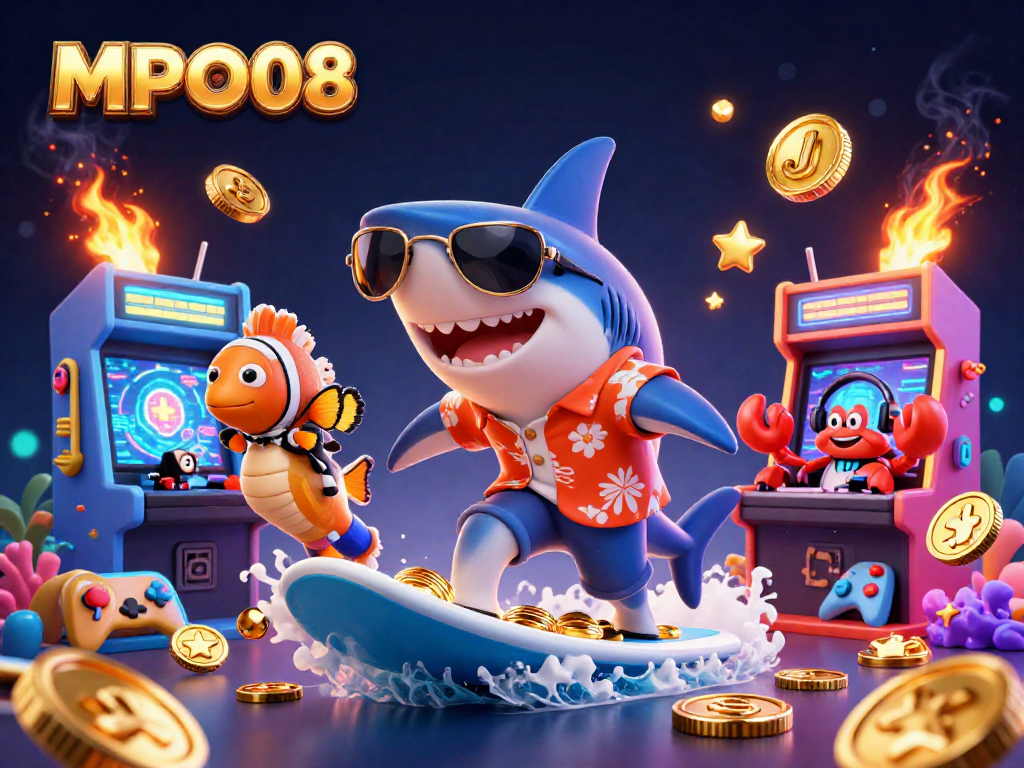 MPO08 captivates players with vibrant 3D casino scene featuring a shark, clownfish, and DJ crab.