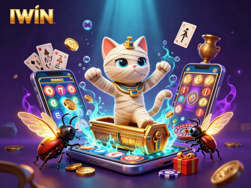 IWIN's exciting casino experience captured with a mummy cat and glowing elements illustrating gaming action.