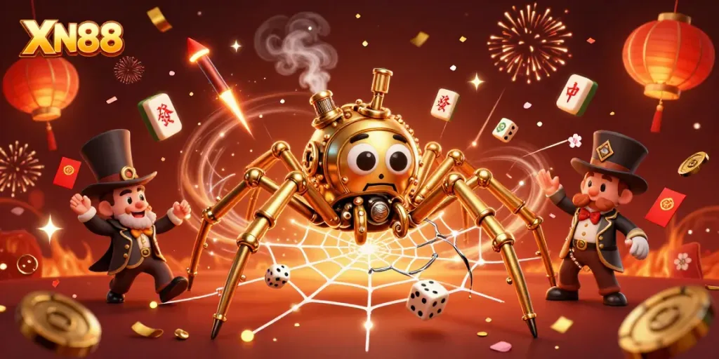 Experience excitement at XN88 with a captivating 3D illustration of a steampunk spider, capturing dice in a web of gold.